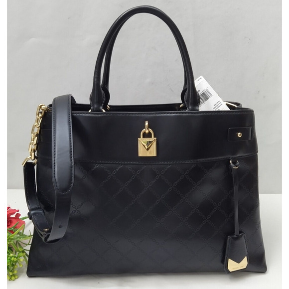 Michael Kors Gramercy Black Leather Lock Double Satchel Shoulder Bag - $358 - Picture 1 of 16